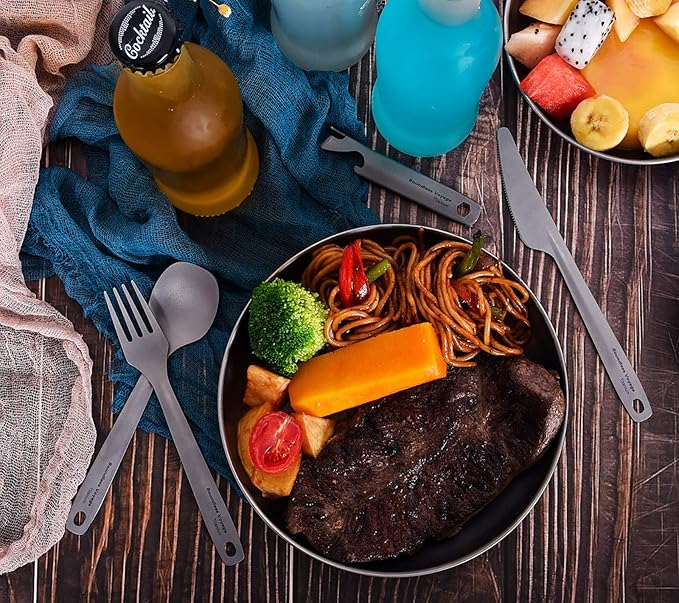 Boundless Voyage Utility Cutlery Set Titanium Spoon Fork Knife & Bottle Opener for Travel Camping in Easy to Store Cloth Case Ti1066T