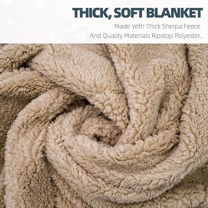 Outdoor Camping Blanket with Sherpa Lining, Extra Warm Thick Camp Blankets and Puffy Ultralight Soft Poncho DWR Camping Quilt for Cold Weather, Adventure, Sleeping, Backpacking 78"x 56"