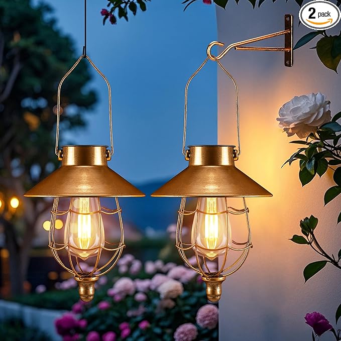 Solar Lanterns Outdoor Hanging Metal Vintage Lantern Warm White Solar Lights lamp Waterproof Edison Bulb Design for Pathway Garden Patio Yard Tree Decoration (2 Pack Copper)