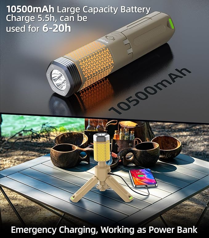 Telescopic Camping Light, Portable Collapsible Magnetic Camp Lantern Rechargeable,10500mAh Telescoping IP67 Waterproof Flashlights, Outdoor Gear for Emergency, Camping, Hiking (Khaki)