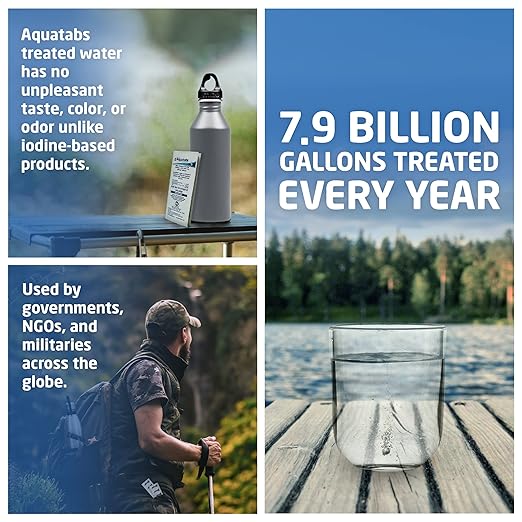 Aquatabs 49mg Water Purification Tablets (100 Pack). Water Filtration System for Hiking, Backpacking, Camping, Emergencies, Survival, and Home-Use. Easy to Use Treatment and Disinfection.