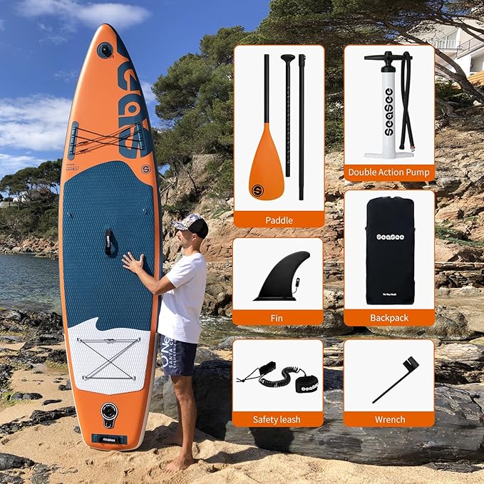 Inflatable Stand Up Paddle Board Includes Paddle, Dual Action Pump, and Accessories 11ft Lightweight iSUP, 33"*6" Wide Stable Design, Anti-Slip EVA Deck, Paddle Board for Adults