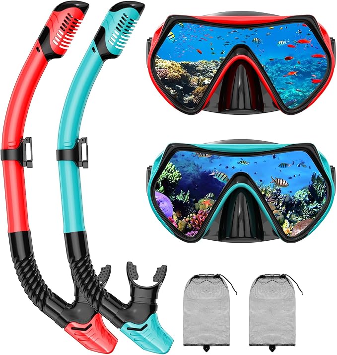 Snorkeling Gear for Adults, Adult Snorkel Mask Set Scuba Diving Dry-Top, Swimming Goggles w/Nose Cover, HD Tempered Glass Panoramic Anti-Leak Anti-Fog, Travel Snorkeling Packages Storage Bag, 2 Pack