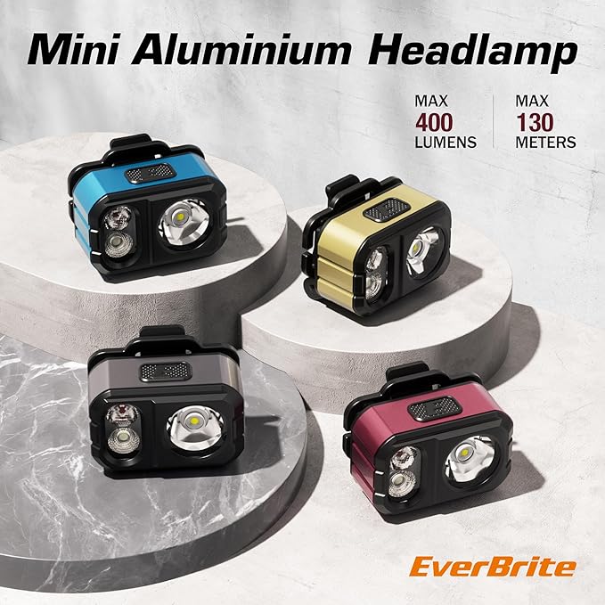 EverBrite Rechargeable LED Headlamp, Only 1.59 OZ Ultra-Light with Hat Clip, IP67 Waterproof, White/Red/Green Light, 7 Modes for Camping, Running and Backpacking-Purple