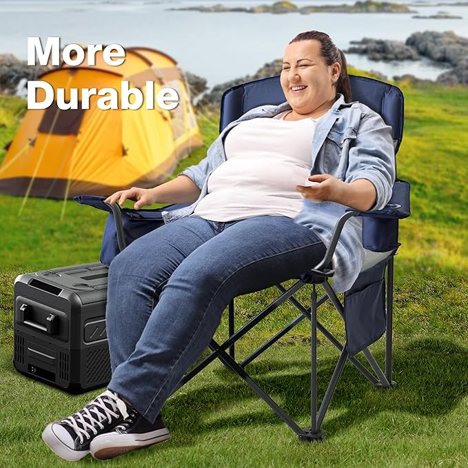 2 Pack Oversized Folding Camping Chair, Heavy Duty Support 500LBS Outdoor Chair with Cup Holder Storage and Cooler Pouch, Collapsible Padded Arm Chair for Sports Garden Beach Fishing, Blue