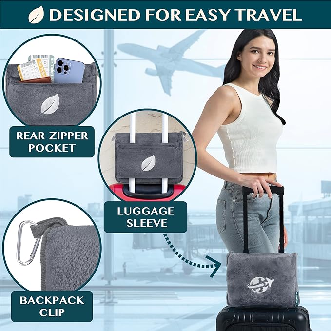 PAVILIA Travel Blanket and Pillow, Arms Opening Airplane Blankets for Adults, Compact Plane Blanket with Arm Hole 2-in-1 Bag for Flight Car Camping Fit in Luggage Backpack Traveler Gift, Dark Gray