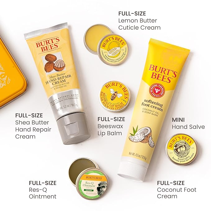 Burt's Bees Gifts Ideas - Classics Set, 6 Products in Giftable Tin â€“ Cuticle Cream, Hand Salve, Lip Balm, Res-Q Ointment, Hand Repair and Foot Cream