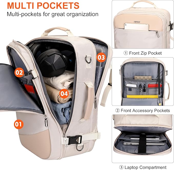 PIJUSHI Travel Backpack for Women Carry on Suitcase Backpack Flight Approved Personal Item Bag Fits 16 Inch Laptop(PE035 Beige)