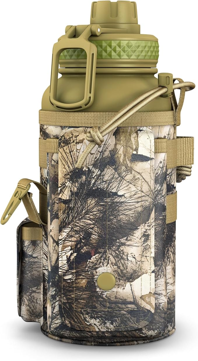 Combat Canteen - 32oz Insulated Water Bottle with Paracord Handle, Stainless Steel Water Jug with Rugged Pockets for Keys, Wallet & Phone - Woodland Camo