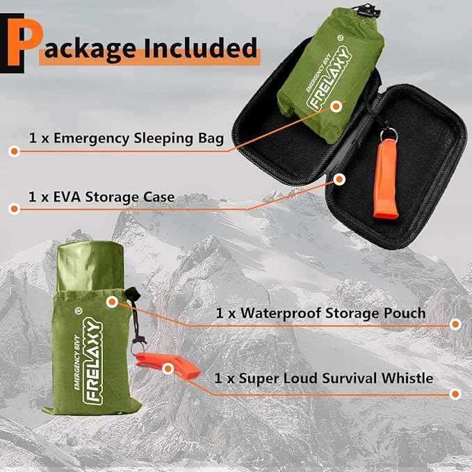 Frelaxy Emergency Sleeping Bag 1-Pack/2-Pack, Extra-Thick Compact Survival Bivy with Whistle, Storage Pouch, and EVA case, Perfect for Survival Kits (Army Green - 1 Pack)