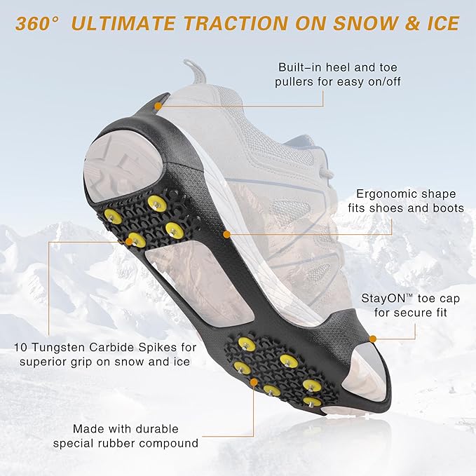 Ice Cleats Snow Traction Cleats for Shoes and Boots,10-Studs Anti-Slip Ice Grippers Rubber Crampons Cleats for Walking on Snow and Ice Slip-on Stretch Overshoe Footwear