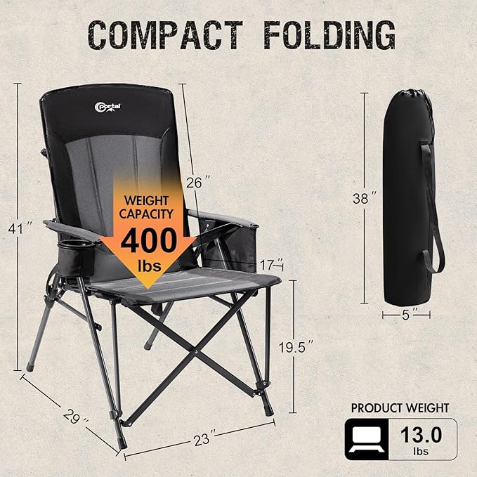 Portal Camping Chair with Lumbar Support for Adults Folding Portable High Back Oversized, 400LBS