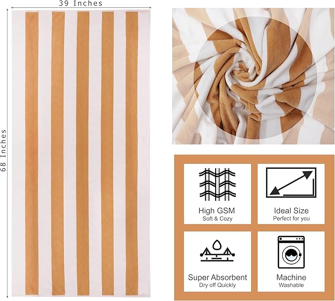 COTTON CRAFT Oversized XL Beach Towel - 2 Pack 39 x 68 inches Big & Huge Beach Blanket Towel - 100% Cotton Velour Thick Plush 450 GSM Super Soft Luxury - Pool Picnic Bath Towel - Cabana Stripe Linen