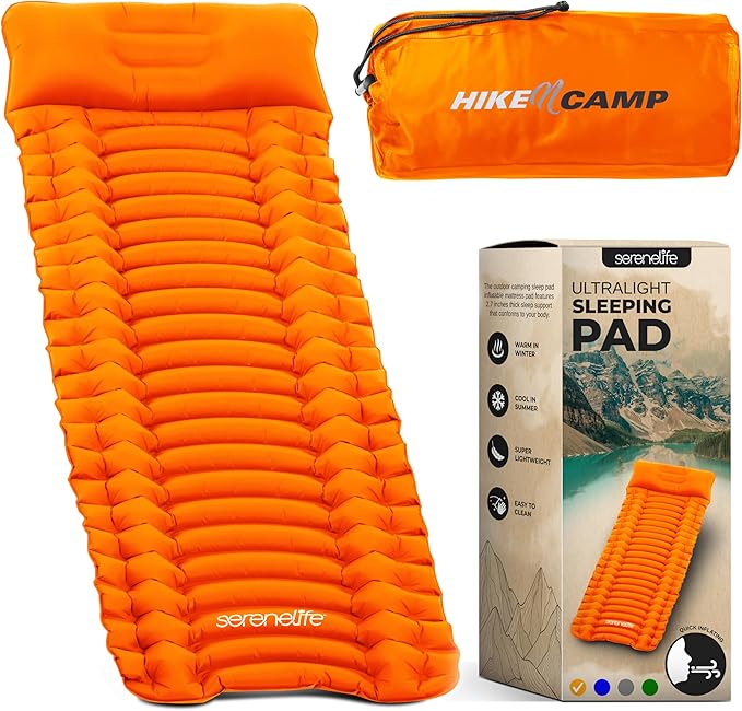 SereneLife Camping Mattress, 2.7" Backpacking Inflatable Air Mattress for Camping, Waterproof Lightweight Sleeping Mat with Carry Bag, Tear-Resistant Nylon for Hiking, Travel, Outdoor, Orange
