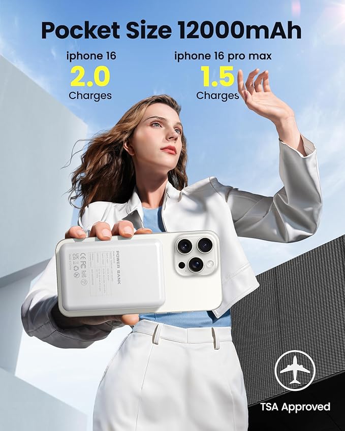 Magnetic Portable Charger Power Bank 12000mAh MagSafe Compatible Battery Pack PD 22.5W USB C Fast Charging Wireless Battery Pack Phone Charger for iPhone 17/16/15/14/13/12 All Series