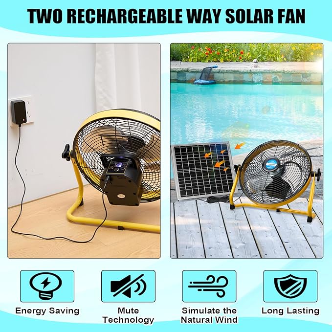 12 Inch Solar Panel Powered Fan, 2 in 1 Solar Panel or AC Charger Powered Fan 12W 9V Portable for Chicken Coop Greenhouse Household Exhaust Camping Travel Outdoor (Yellow)