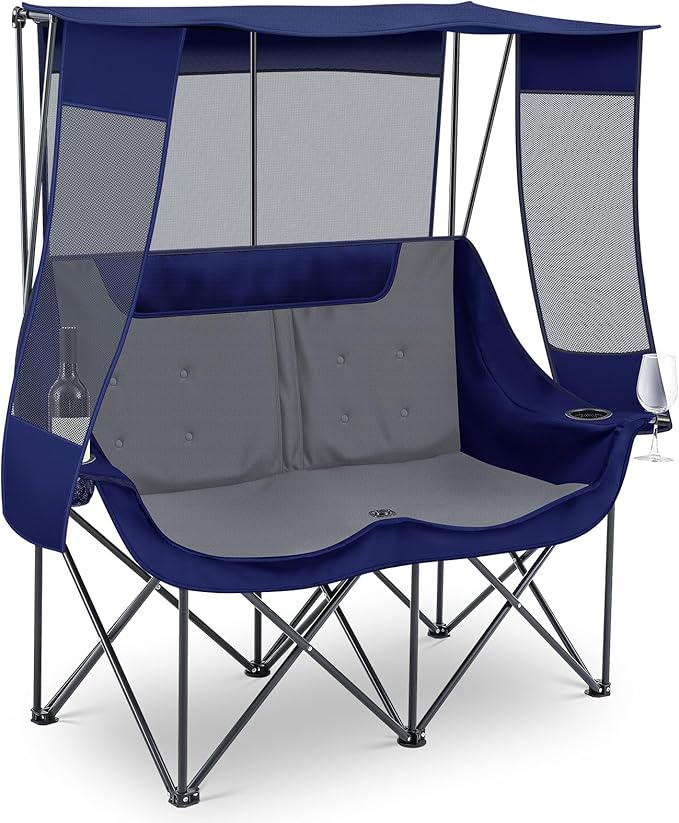 Double Camping Chair with Canopy Shade Oversized 2 Person Camping Sofa Fully Padded Folding Loveseat with Cup Hold and Storage Bag Sturdy for Lawn Beach Fall Outdoor Activities(Blue)