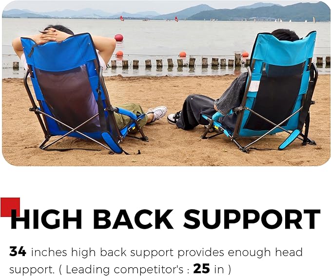 SPORT BEATS Low Beach Chairs Set of 2 Folding Beach Chairs High Back Support with Head Pillows Shoulder Straps