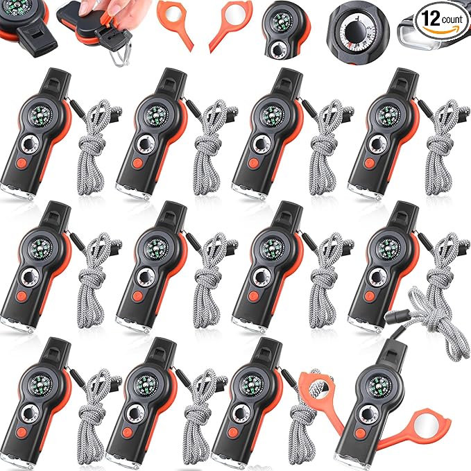 Arrowbash 12 Pack Emergency Survival Whistle 7-in-1 Compass Hiking Survival Safety Whistle with Lanyard Outdoor Multifunctional Tool Ideal for Hiking Camping Rescue Signaling
