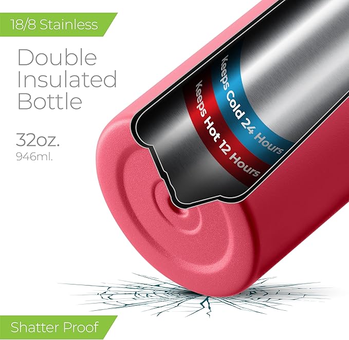 SipX™ Triple-Insulated Stainless Steel Water Bottle 32oz. With 3 Lids, BPA-Free Reusable Insulated Water Bottle Keeps Cold 24 Hours, (Red)