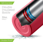 SipX™ Triple-Insulated Stainless Steel Water Bottle 32oz. With 3 Lids, BPA-Free Reusable Insulated Water Bottle Keeps Cold 24 Hours, (Red)