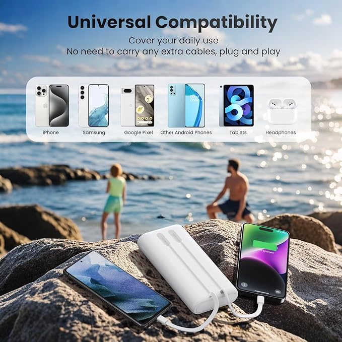 Upgraded Portable Charger 40800mAh Power Bank - Portable Battery with 2 Built in Cables,PD 25W USB C Fast Charging Battery Pack Compatible with iPhone 16 15 14 13 Android Phone etc-White