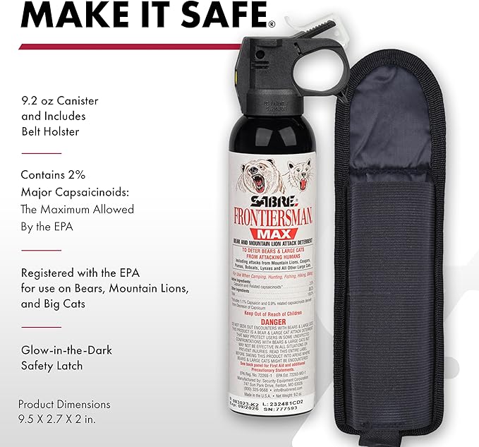 SABRE Frontiersman MAX Bear Spray – 40 ft Range, Maximum Strength, The Only EPA-Registered Spray for Bears & Mountain Lions, 9.2 oz, Glow Safety Clip, Outdoor Hiking & Camping Protection