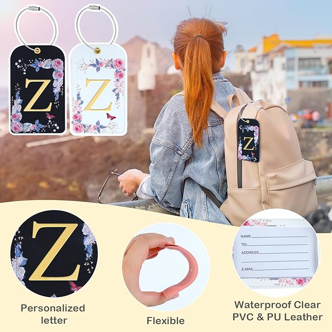 3 Pack Luxury Floral Luggage Tags, Durable PU Leather Suitcase Tags with Stainless Steel Cable Strap, Hidden ID Slot for Privacy Protection, Easy to Identify Waterproof Travel Accessories Gift (Z)