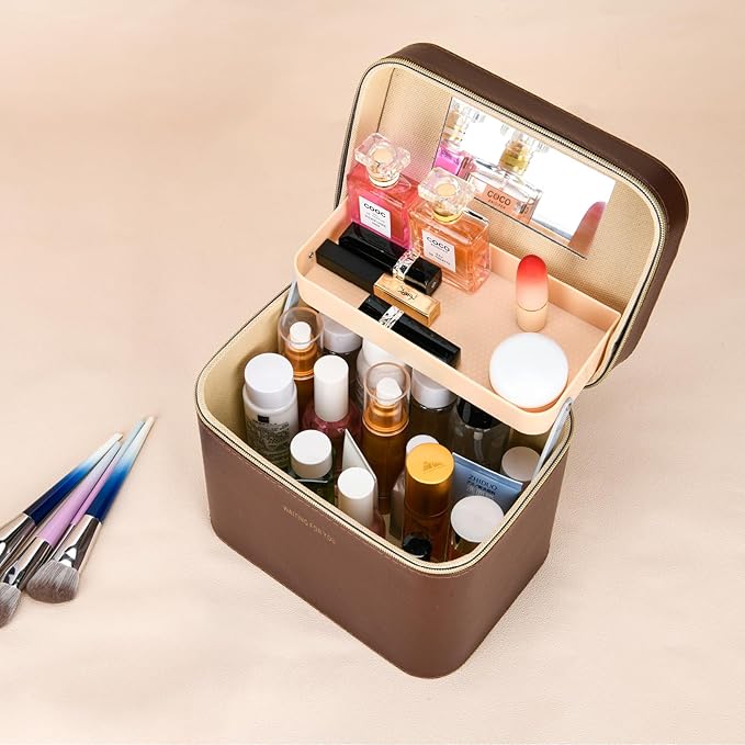 Luxury brown makeup box, Portable leather hard cosmetic case with mirror, Professional train case make up box for women adults. (Double-layer-Brown)