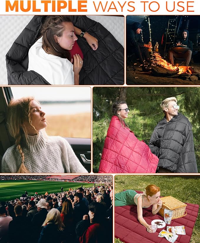 KingCamp Ultralight Camping Blanket, Packable Down Alternative Puffy Wearable Blankets Weatherproof Warm Package Quilt with Snap Buttons for Outdoor Hiking Travel Picnic Stadium (79" L x 53" W, Wine)