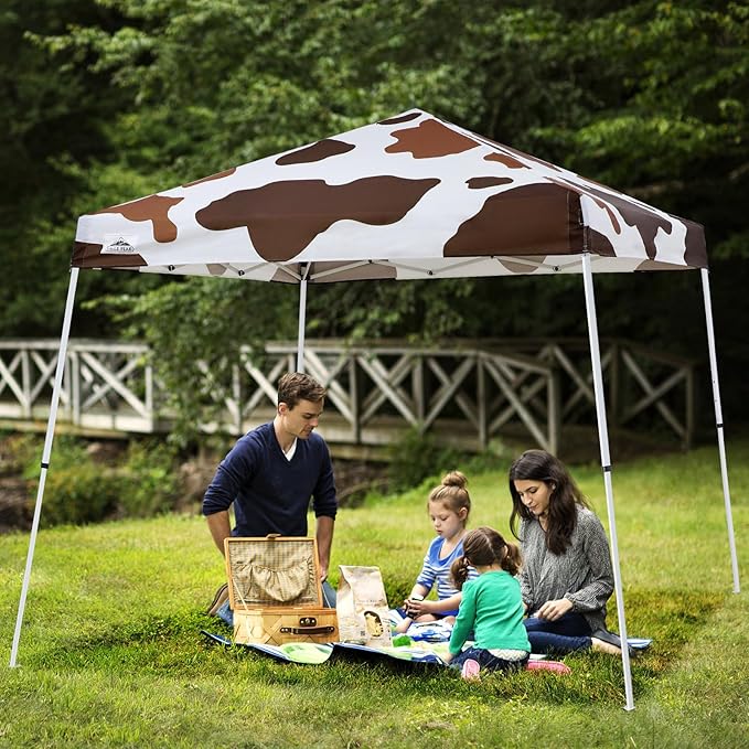 EAGLE PEAK 10x10 Slant Leg Pop-up Canopy Tent Easy One Person Setup Instant Outdoor Beach Canopy Folding Portable Sports Shelter 10x10 Base 8x8 Top (Brown Cow Print)