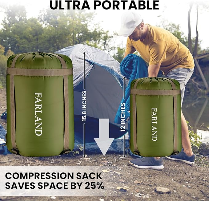 FARLAND Sleeping Bags 30℉ for Adults Teens Kids with Compression Sack Portable and Lightweight for 3-4 Season Camping, Hiking,Waterproof, Backpacking and Outdoors