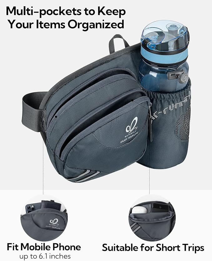 WATERFLY Fanny Pack Waist Bag: Waist Pack for Women Men with Water Bottle Holder Hiking Fanny Pack for Running Walking DogWalking Travel Cycling