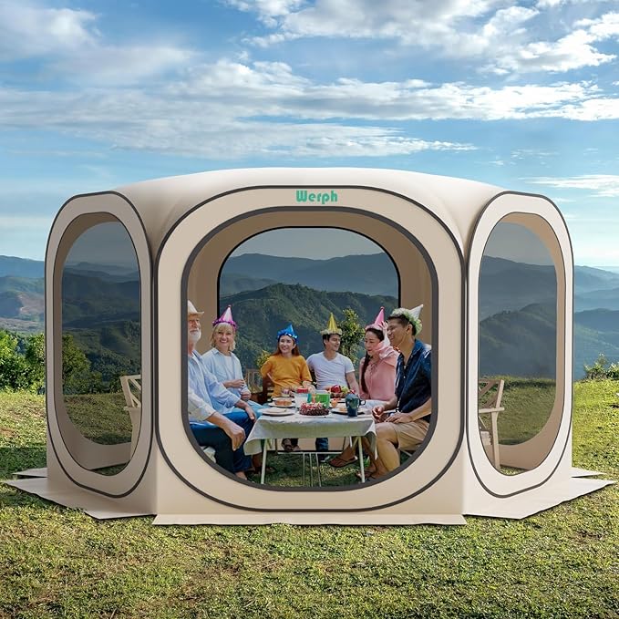 Pop Up Screen Tent Canopy, Portable Screen Canopy with Mosquito Net, Outdoor Screen Room Tent 12 x12 FT with Carry Bag for Lawn & Garden, Parties，Beige