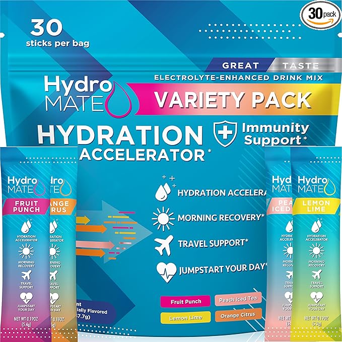 HydroMATE Electrolyte Powder Variety Pack Hydration Packets Low Sugar 30 Count