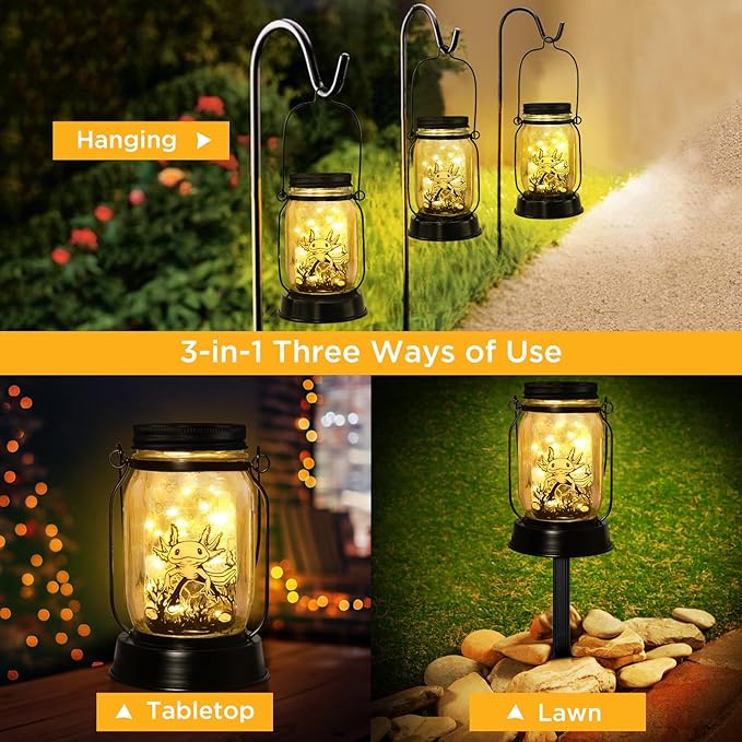 Axolotl Gifts for Women/Men/Kids Axolotl Solar Lanterns Mom Grandma Birthday Present Lantern Memorial Lights Solar Garden Decoration Outside for Yard, Patio,Backyard,Porch Torches