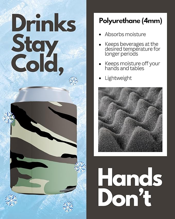 PartyPrints 1000 Pack Camo Blank Can Cooler Sleeves, Customizable Bulk Can Coolers, Extra-Thick Collapsible Drink Insulator Sleeve, Beer Can Coolers for Party Beverages