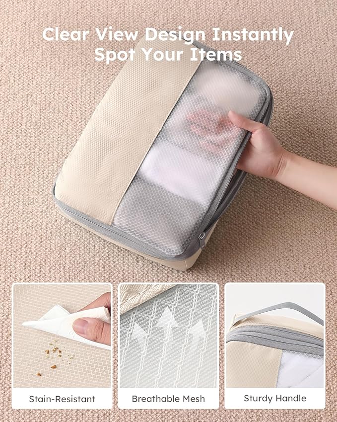 6 Set Compression Packing Cubes for Travel, Bonus Versatile Drawstring Backpack, Lightweight Luggage Organizer Bags, Sturdy Travel Accessories for Suitcase, Beige