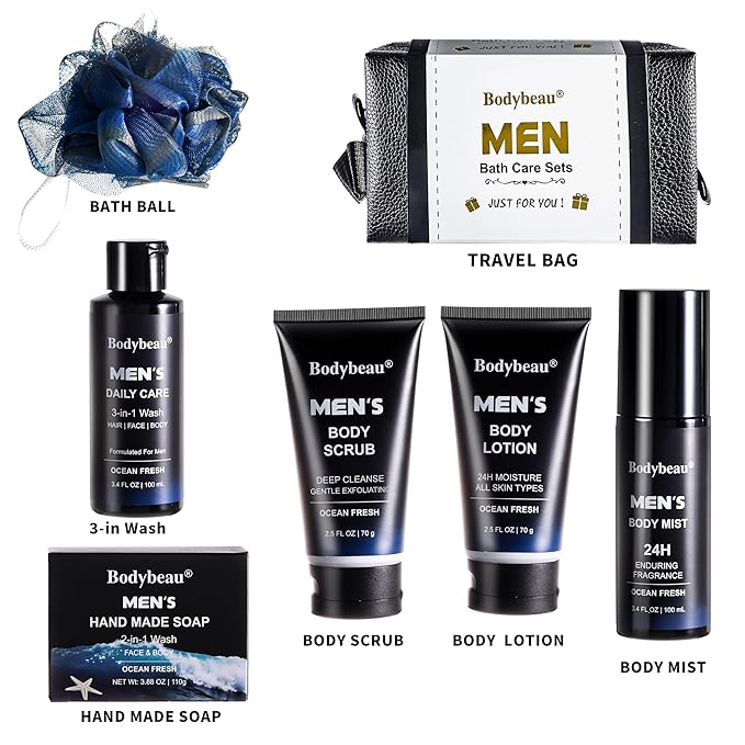 Gift for Men, 7-Piece Bath and Body Spa Gift Set, Men's Skin Care Includes 3-in-1 Face Wash, Handmade Soap, Body Mist, Lotion, Shower Sponge & Travel Bag-Gifts for Dad, Husband, Boyfriend and Friends