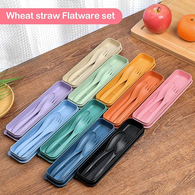 Reusable Travel Utensils Set with Case, 2 Sets Wheat Straw Portable Plastic Fork Spoons Knife Camping Cutlery, Eco-Friendly BPA Free Lunch Tableware for Kids Adults Travel Picnic Utensils