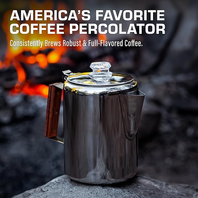 COLETTI Bozeman Super Bundle — Camping Coffee Pot, 2x Glass Globes, 100-Pack of Natural Filters — Camping's Best Percolator – Pure Stainless Steel [9 Cup Bundle]