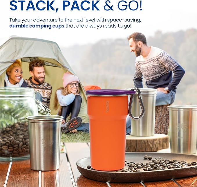 bzyoo Nesting Stainless Steel Camping Cup Set with Hook – 5-in-1 Stackable Durable 9oz Campstack Cup Set for Hiking, Backpacking & Outdoor Adventures (Orange)