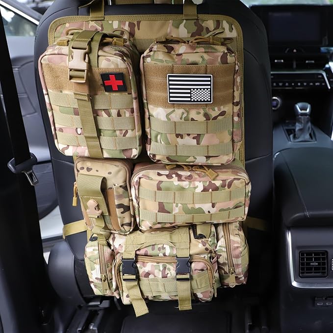 Universal Tactical Car Seat Back Organizer Bag Tactical Molle Vehicle Organizers Panel Vehicle Protector Organizers with 5 Detachable Pouches for Car Truck Ford Jeep (CP camo)