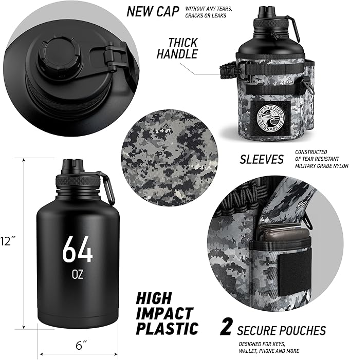 Combat Canteen - 64oz Insulated Water Bottle with Paracord Handle, Stainless Steel Water Jug with Rugged Pockets for Keys, Wallet & Phone - Black Digital