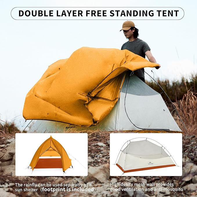 Naturehike Cloud-Up Tent Lightweight Backpacking Tent with Footprint - Free Standing Ultralight Camping Hiking Backpack Tents
