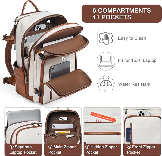 Travel Backpack for Women, Fits 17.0" Notebook, Stylish Carry-on Vegan Leather Backpack with Luggage Strap for Travel and Daily Use