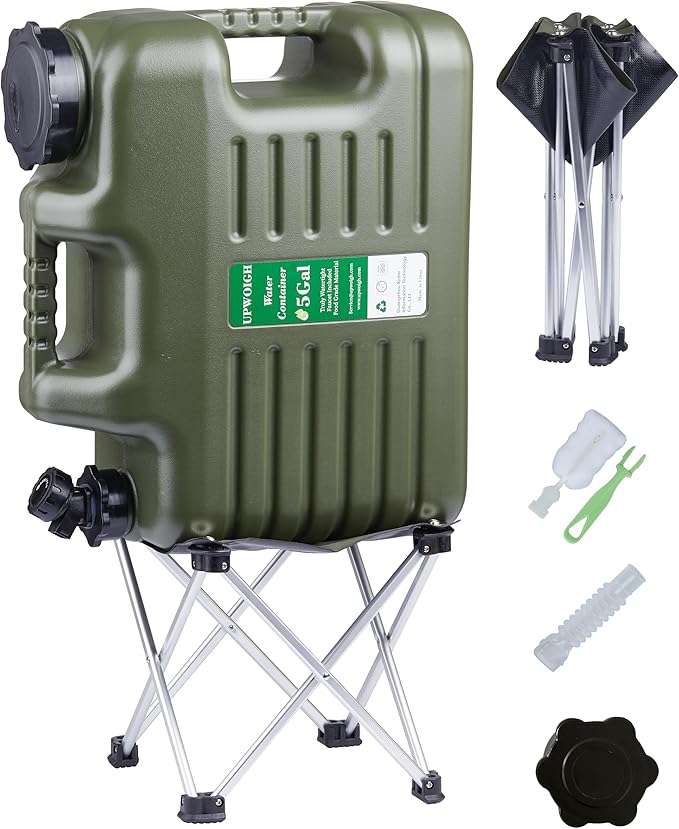 UPWOIGH 5 Gallon Water Jug with Spigot and Folding Stool – Leak-Proof, BPA-Free Portable Green Water Container with Stand, Large Outdoor Storage Tank for Camping, Hiking, RV, Travel, and Emergency Use