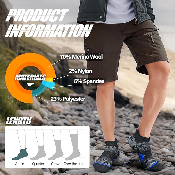 ANTSANG 6 Pairs Merino Wool Ankle Hiking Running Socks Compression Thick Cushion Breathable No Show Socks for Men Women