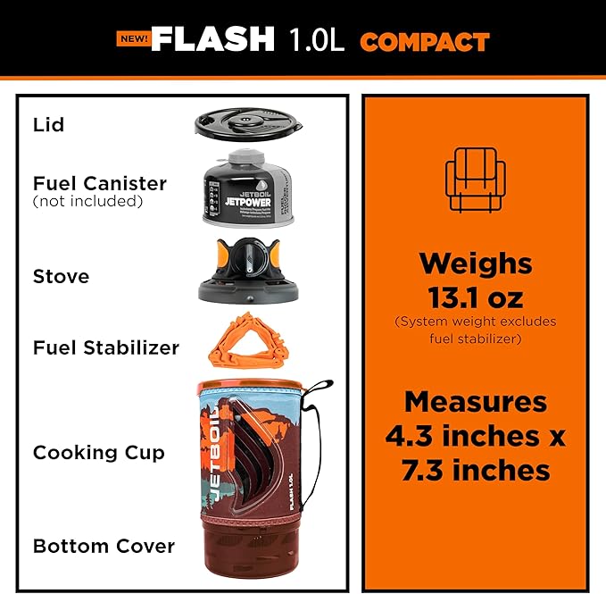 Jetboil Flash 1.0L Portable Fast Boil Stove for Camping and Backpacking with 1-Step Auto Ignition, New for 2025, Propane/Isobutane Burner with Cooking Cup