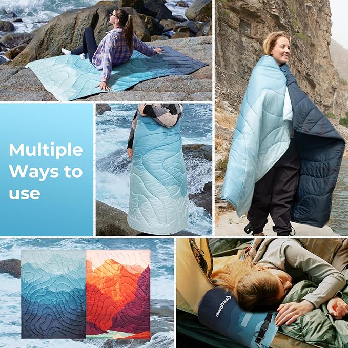 KingCamp Ultralight Camping Blanket, Packable Down Alternative Puffy Printed Wearable Blanket with Snap Buttons & Corner Loops Weatherproof Quilt for Outdoor Travel Stadium (79"L x 57”W, CYAN)